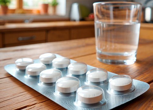 Стакан с водой и таблетки